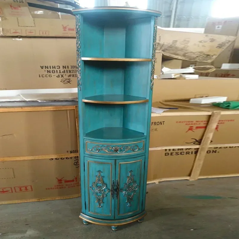 TAO Tao 90 Degree Right Triangle Vintage Distressed Gold Blue Tall Wine Cabinet Corner Cabinet
