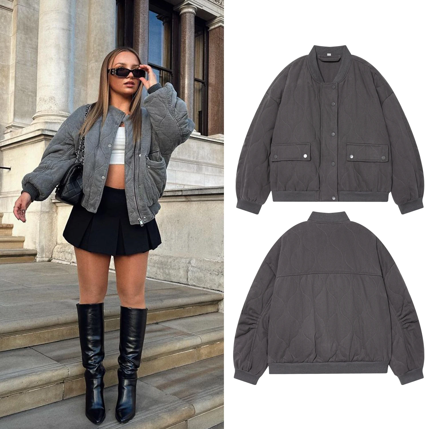 

Women Autumn Winter Oversized Quilted Jackets Female Thicken Warm Coat Long Sleeve Snap-Button Lady Outerwear Chic Tops Clothing