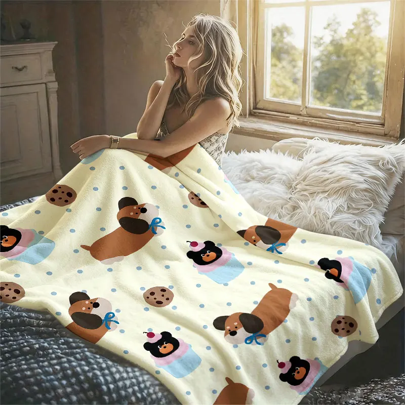 Dachshund Bear Cupcake Dots Flannel Blanket Perfect for Sofa Office Bed Travel Sleep Read Relax Camping Four Season Use