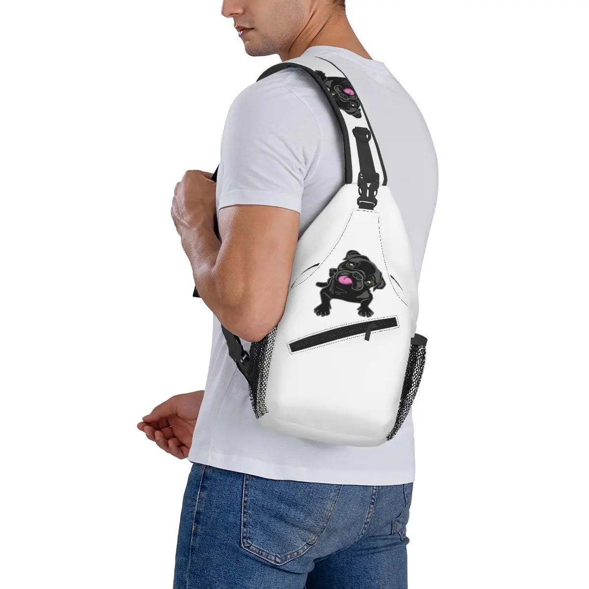 Línguas fora porque preto pug saco de peito masculino estilingue crossbody mochila saco de peito viagem caminhadas daypack bolsa de ombro