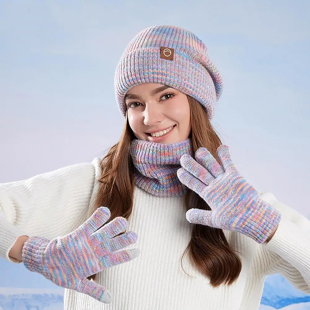 Winter Beanie Hat Scarf Gloves 3pcs Set Warm Knit Hats Touch Screen Gloves Neck Scarf Cold-proof  Winter Gifts for Unisex Adult