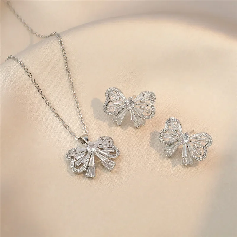 High Grade Square Flower Bow Zircon Jewelry Set Stainless Steel Chain Geometric Necklace Earrings Party Gifts For Women Girls