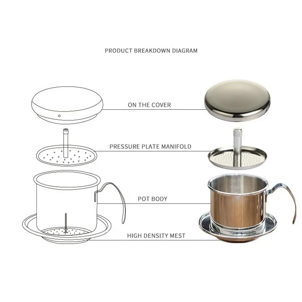 Style Stainless Steel Coffee Drip Pot for Traditional Vietnamese Brewing Method Using Ground Coffee and Hot Water Only
