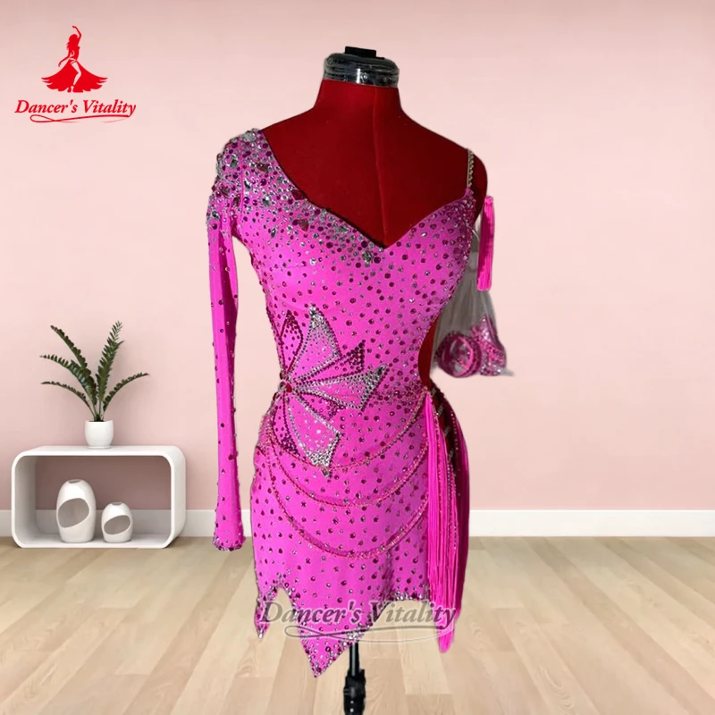Unilateral Long Sleeve Latin Dance Irregular Hem Dress Adult&Child Samba Rumba Jive Contest Clothing Customize Dancer's Vitality