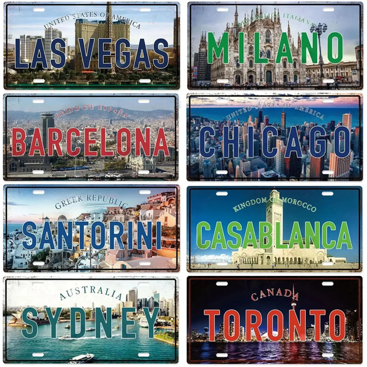 HD Tin Sign, Vintage World Famous City Landmark License Plate Metal Wall Art, Retro Travel Cityscape Decor for Bar Man Cave, Glo
