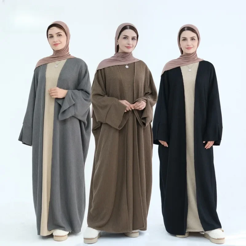 

Dubai Open Abaya Women Muslim Robe Eid Ramadan Islam Clothing Middle East Autumn Winter Thickened Corduroy Coat Loose Cardigan