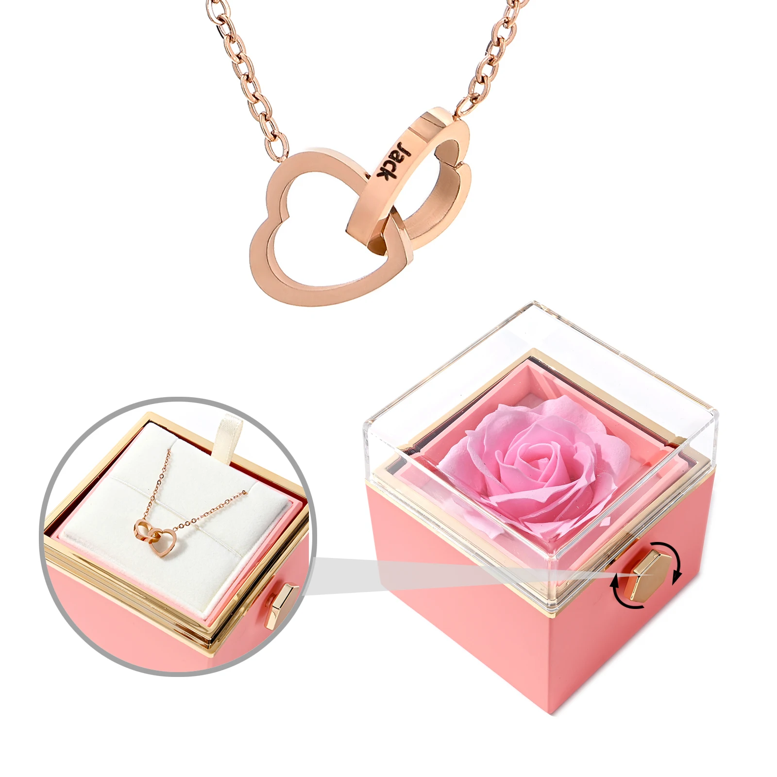 Eternal Rose Box With Necklace Engraved Custom Name Valentine's Day For Girlfriend Heart Pendant ARTIFICIALROSE Flowers Gift Box