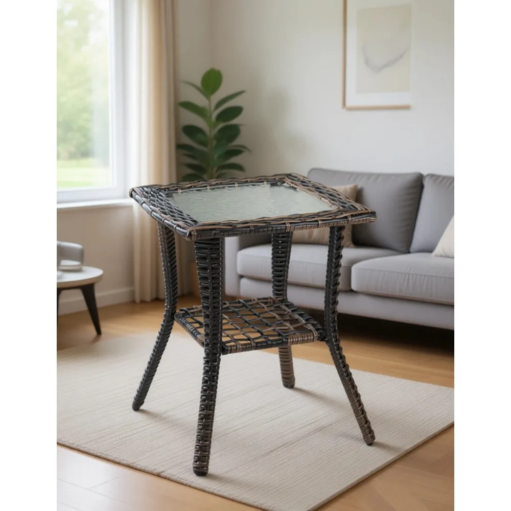 Outdoor Side Table with Storage, Wicker Patio Side Table, Tempered Glass Top End Table for Balcony Porch Deck