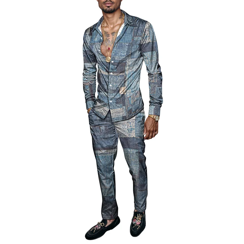 

2025 весенне-летний мужской комплект рубашек, модный комплект из 2 предметов с принтом и принтом, мужской легкий вечерний костюм с длинными рукавами