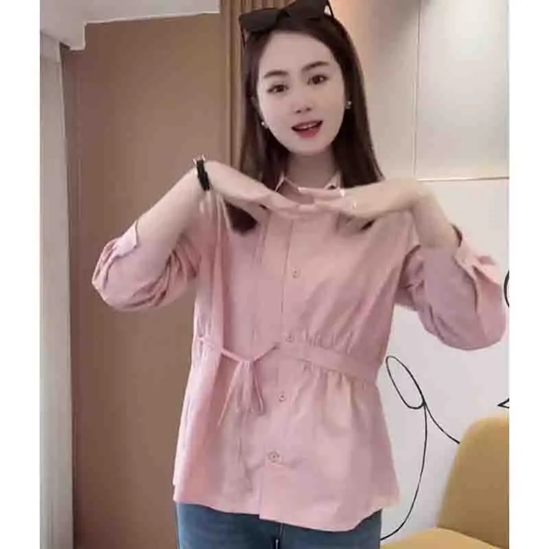 

Korean Lace Up Female Solid Color Loose Fitting Fashion Cardigan Blouse Women Spring Autumn Age Reduction Appear Thin Shirt Tops