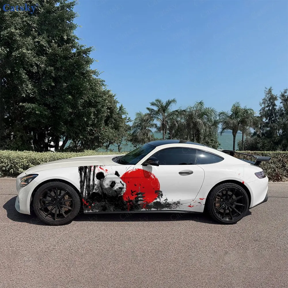 2pcs Oriental Bamboo & Pavilion Panda Car Side Wraps, Self-Adhesive PVC Waterproof & Scratch-Resistant Stickers, Car Accessory