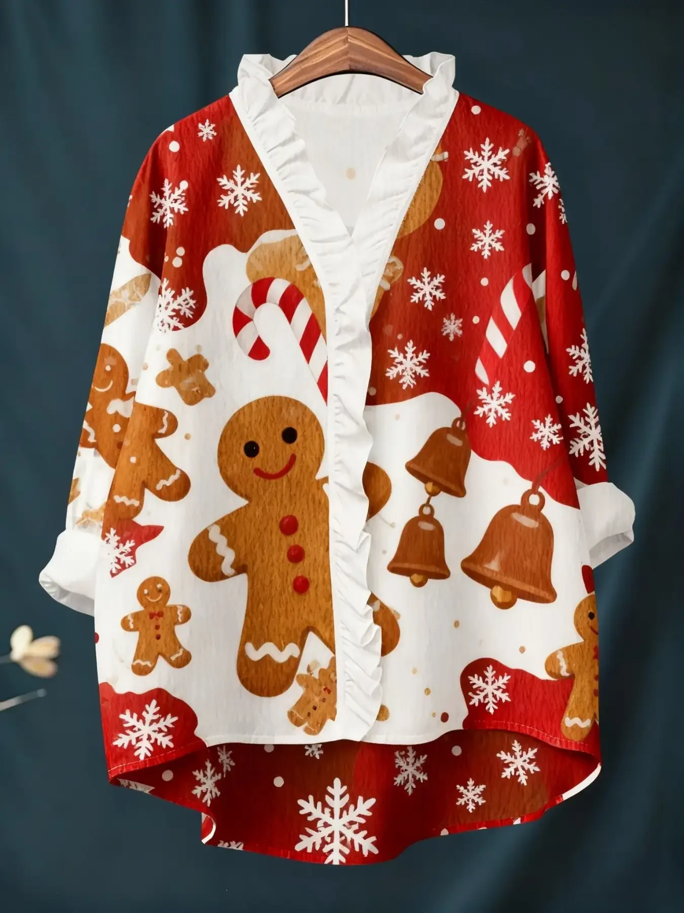قميص نسائي جديد بأكمام طويلة مطبوع رقميًا لعيد الميلاد مع ياقة مكشكشة، مقاس فضفاض، ملابس حمراء وحيوية #5