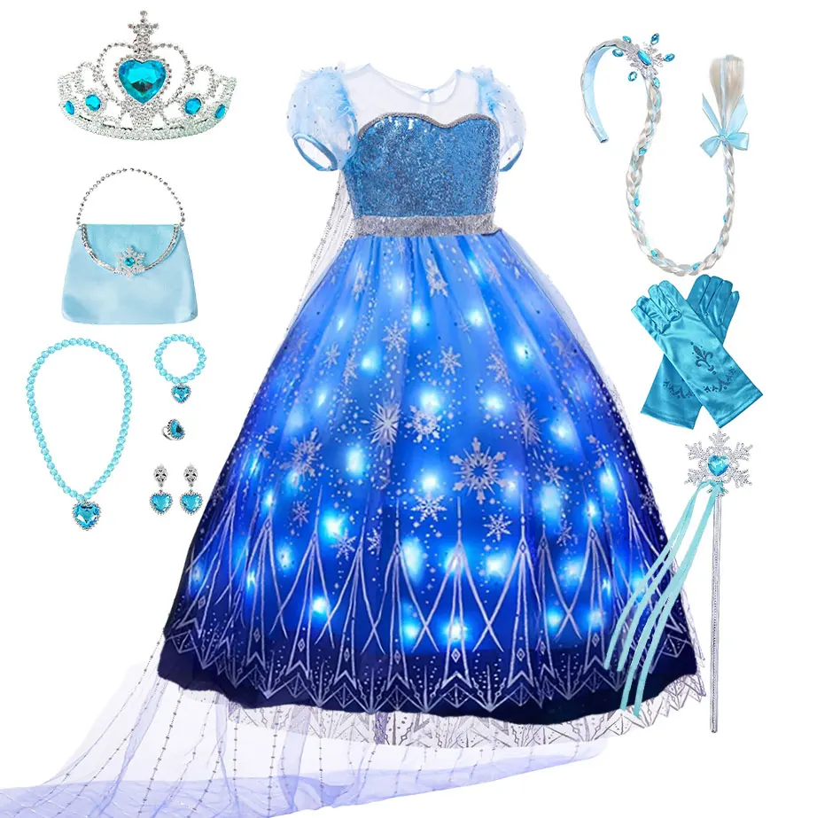 Girls Blue Sequins Princess Dress Snowflake Print Tulle Train Glowing Gown Kida Snow Queen Cosplay Elsa Costume Birthday Outfit