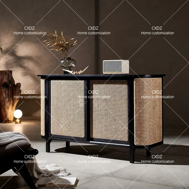Nordic Solid Wood Rattan Sideboard Sliding Door TV Cabinet Storage High Cabinet Modern Simple Dining Side Cabinet