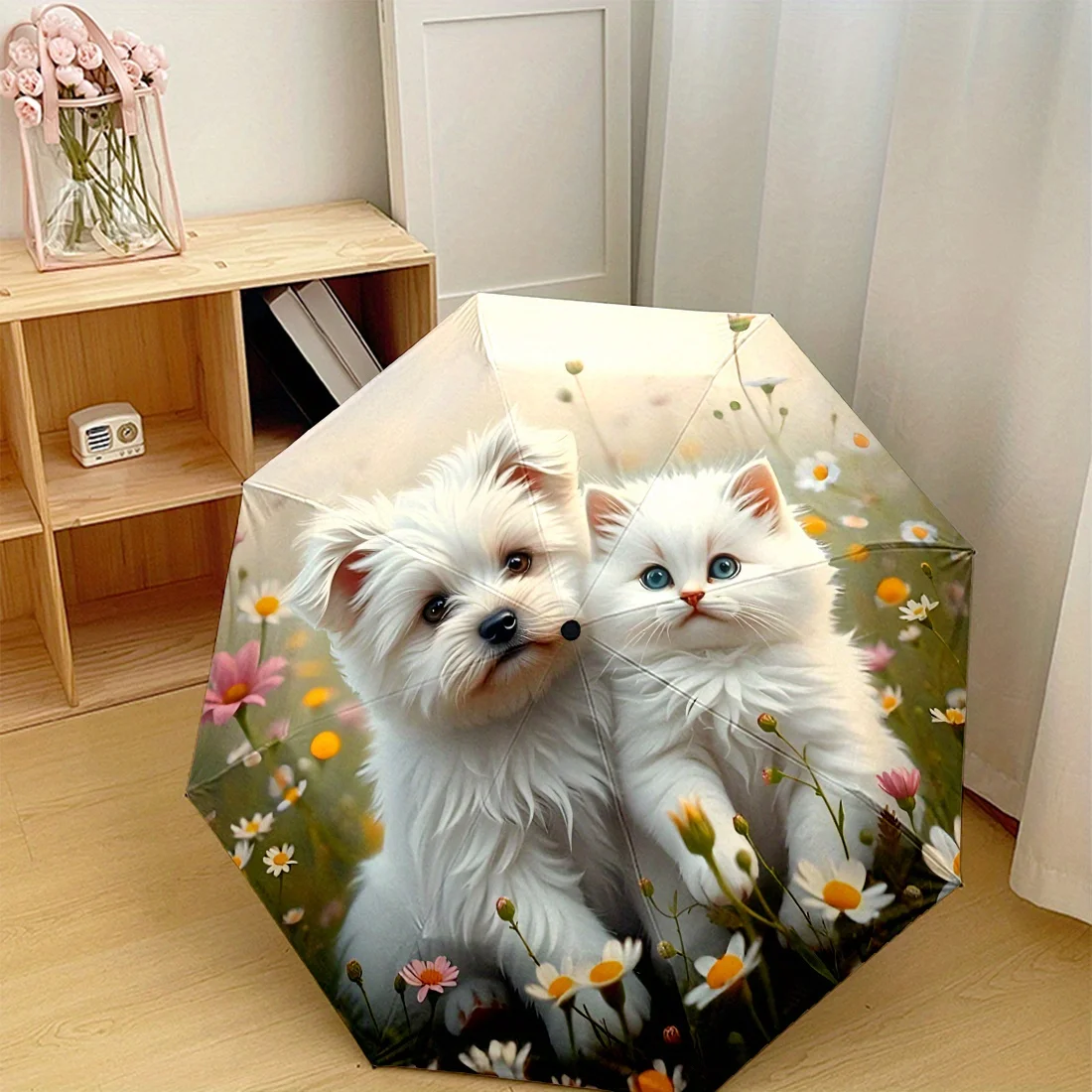 

1pc White Puppy Kitten Flower Meadow Patterned Automatic Umbrella, Foldable, 8pcs, Iron Frame, Plastic Handle, Automatic Foldi