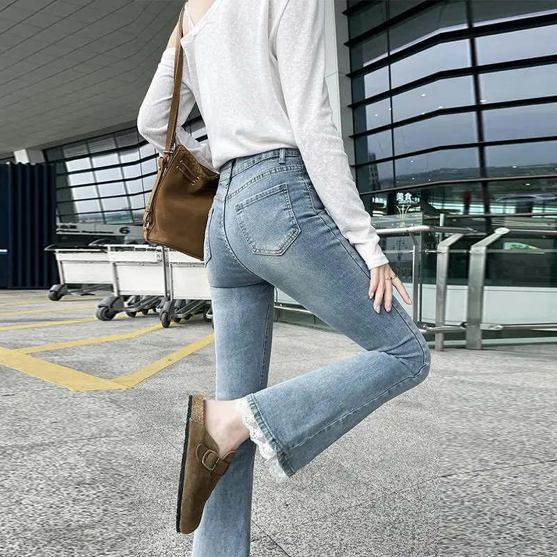 New Spring Autumn Slim Fit and Slimming Temperament Jeans for Women High Waist Cute Lace Flared Pants Blue Gothic Denim Trousers