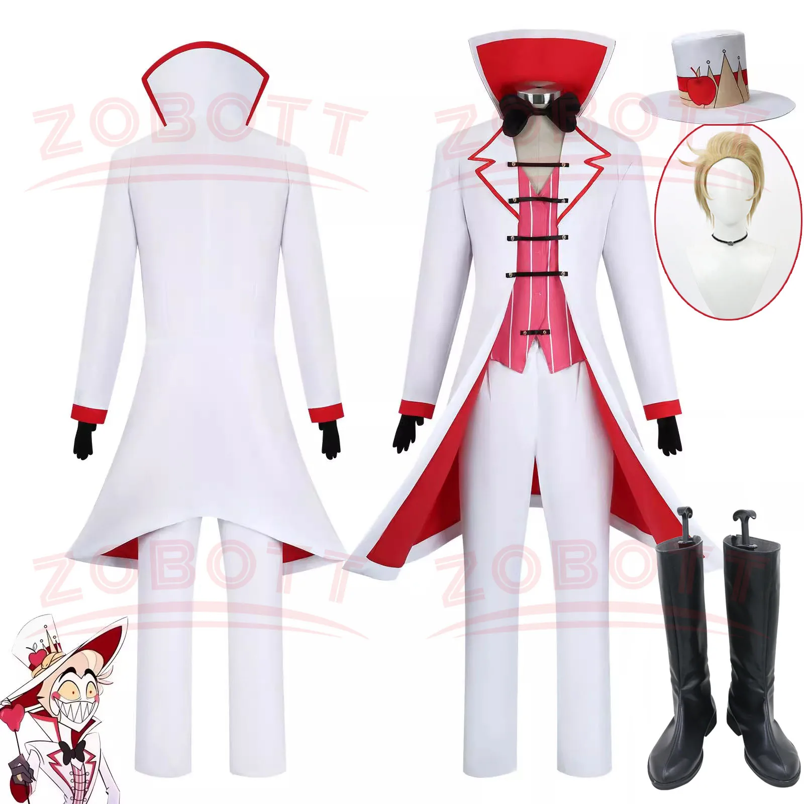 Hazbin Lucifer Cosplay Anime Hotel Morningstar Cosplay Costume Wig Daddy White Suit Devil Hell Halloween Party Adult Men Costume