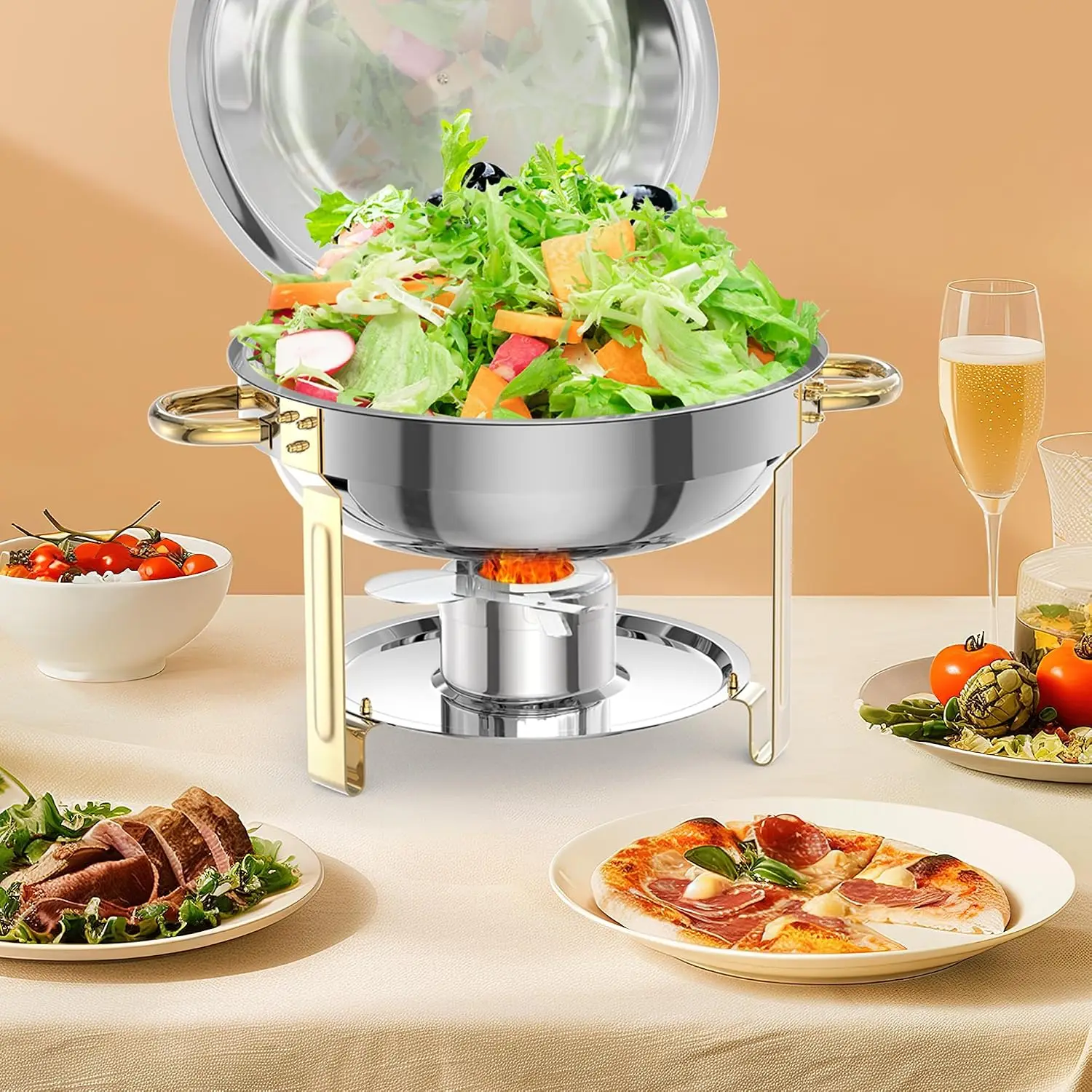 2-6 pezzi di piatti riscaldanti per buffet, piatti riscaldanti rotondi da 5QT per buffet, piatti riscaldanti in acciaio inossidabile per buffet per feste