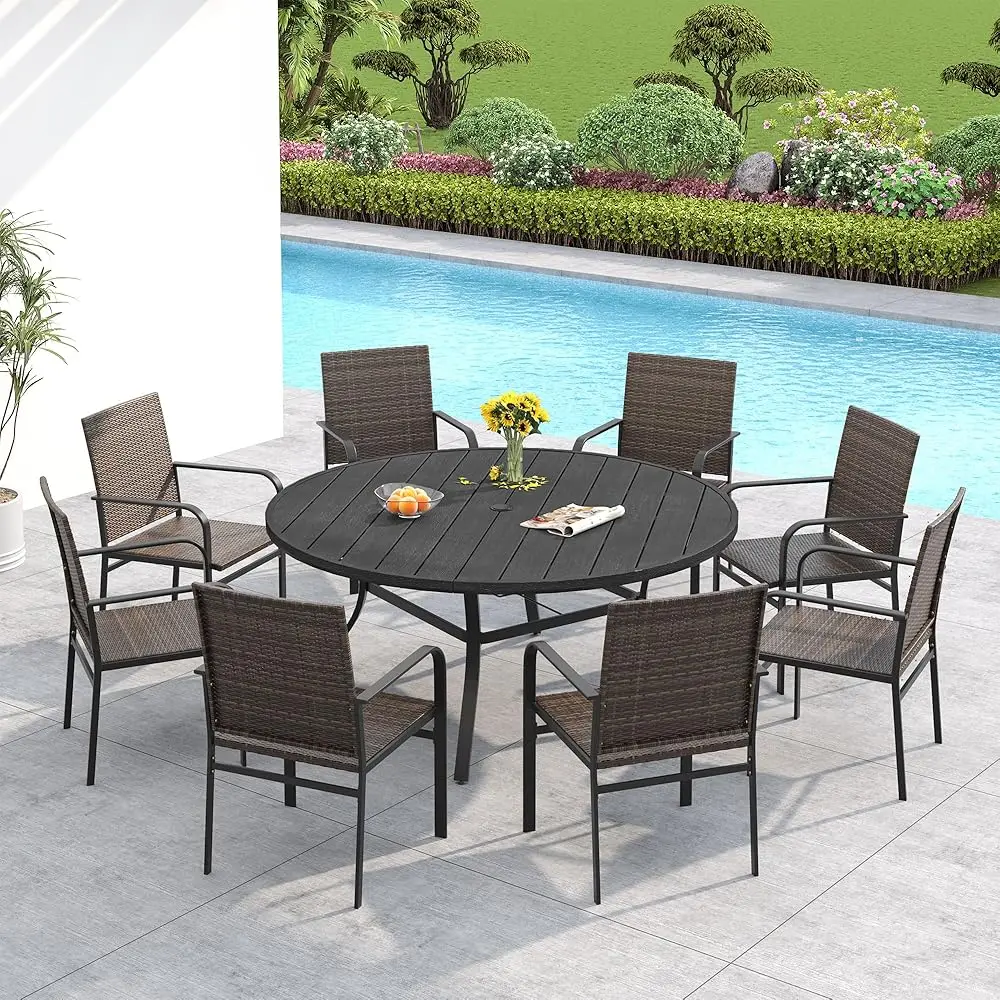 

9 Piece Patio Dining Table Set, 56.3"" Sturdy Round Table With Umbrella Hole And 8 Rattan Dining Chairs, Outdoor Patio Set For