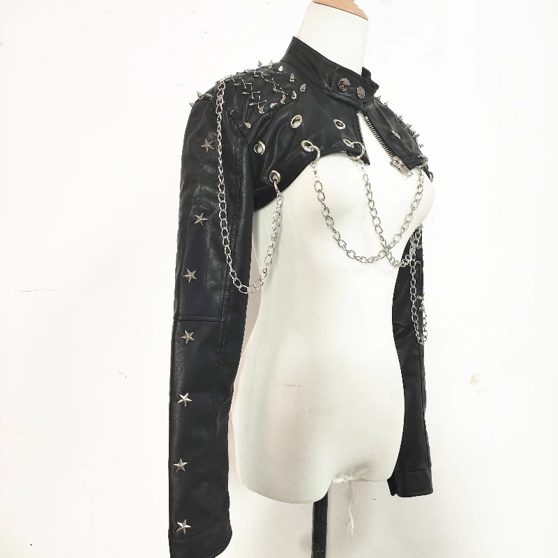 European American Gothic Punk Hot Girl Rivet Chain Women's Jacket New Stand-Up Neck Long Sleeve Short PU Leather Coat Ladies