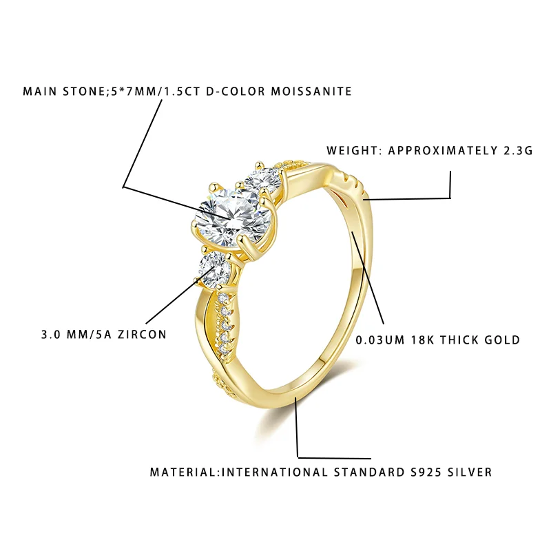 

Women's Romantic Heart Moissanite Ring - 1.5CT D-Color Stone, S925 Silver 18K Gold Plated with Zircon, Elegant Wedding Valentine