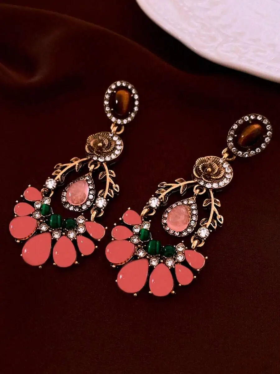 

Retro Palace Style Flower Resin Water Drop Tassel Earrings Pink Floral Fashion Accessories