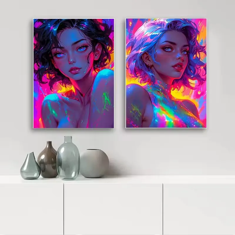 Cute Sexy Sweet Anime Girl Posters Colorful Neon Lights Canvas Painting Printing Wall Art Pictures Living Room Home Decor Cuadro