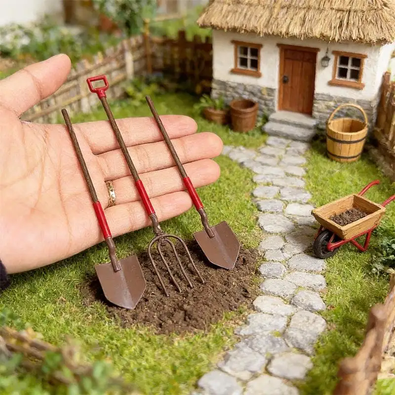 【F】3Pcs Mini Metal Shovels Rakes Model 1:12 Dollhouse Gardening Tools Set DIY Micro Landscape Ornament For Miniature House