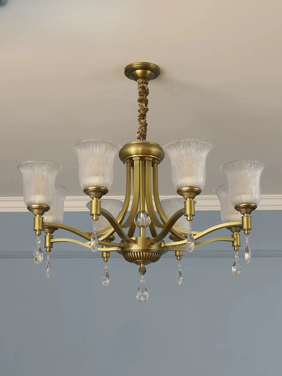 Light luxury living room chandelier high-end dining room glazed glass lampshade all copper lamps