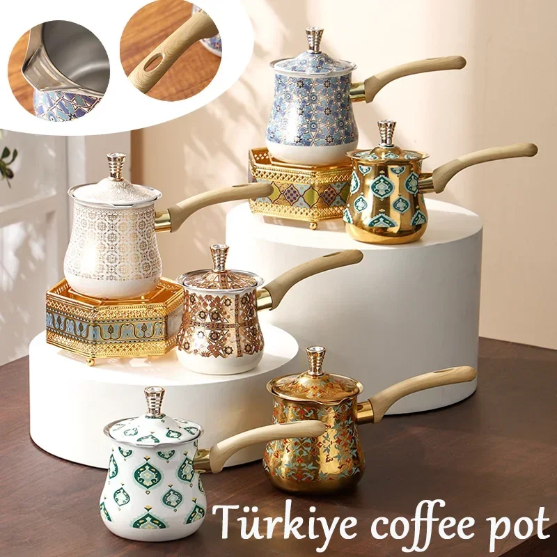 550ml Vintage Turkish Coffee Pot Set with Warmer Base Golden Stainless Steel Teapot Non-Slip Handle for Home Kitchen Decor