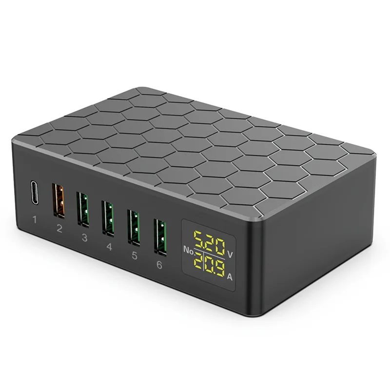 

ABGR-65W QC3.0 Высокомощное зарядное устройство PD Многопортовое зарядное устройство USB с цифровым дисплеем Детали быстрого зарядного устройства 6-портовое зарядное устройство с вилкой стандарта США