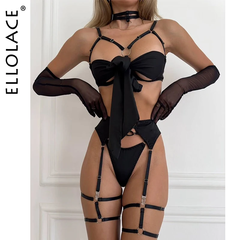 Ellolace Seductive Women's Lingerie Sets Cute Bowknot Satin Sexy Open Bra Garter Thong Choker Gloves Leg Straps Sensual Intimate