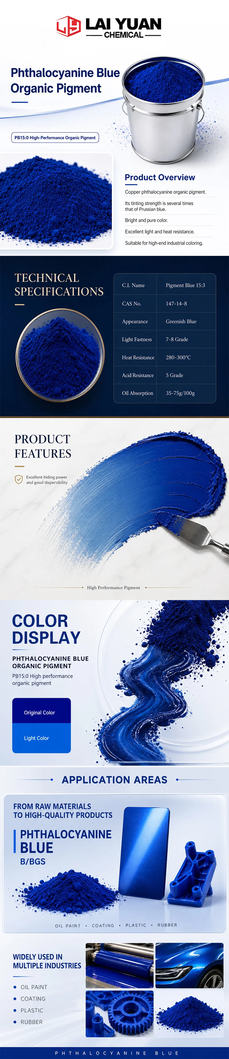 Phthalocyanine Blue B for Plastics Rubber Inks Printing - BGS for Paints Coatings Automotive High Performance Organic Pigment