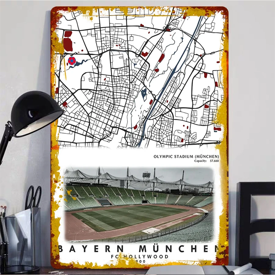 بايرن ميونيخ أليانز أرينا خريطة المدينة المعدنية جدار الفن الألماني نادي كرة القدم ديكور خمر ديكور المنزل #2