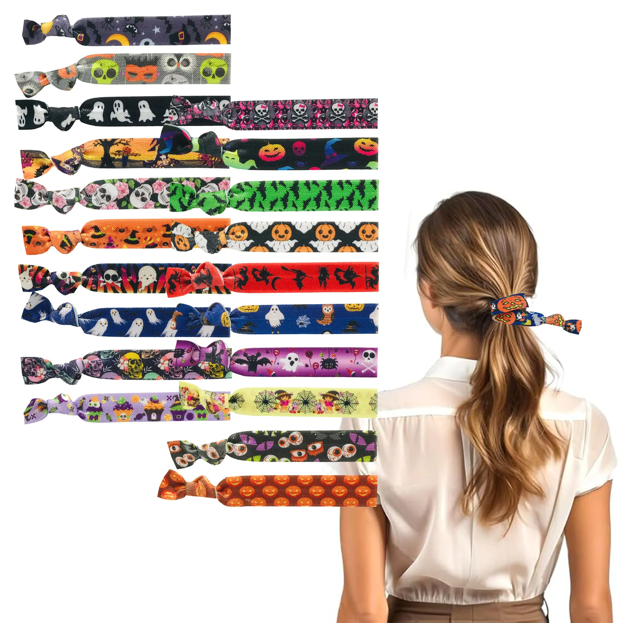 

50/200Pcs Ghost Head, Bat, Pumpkin, Spider Print Hair Accessories Set Elastic Headbands And Ties For Halloween Holiday Party