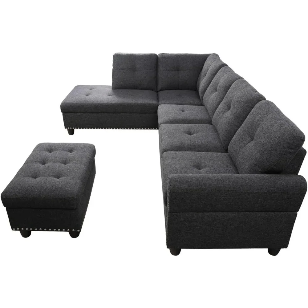 Sectional Sofa w/ Ottoman, Living Room Set, Left Facing Chaise, 2 Cup Holders, 2 Throw Pillows, Tufted Back and Seat - Dark Gray