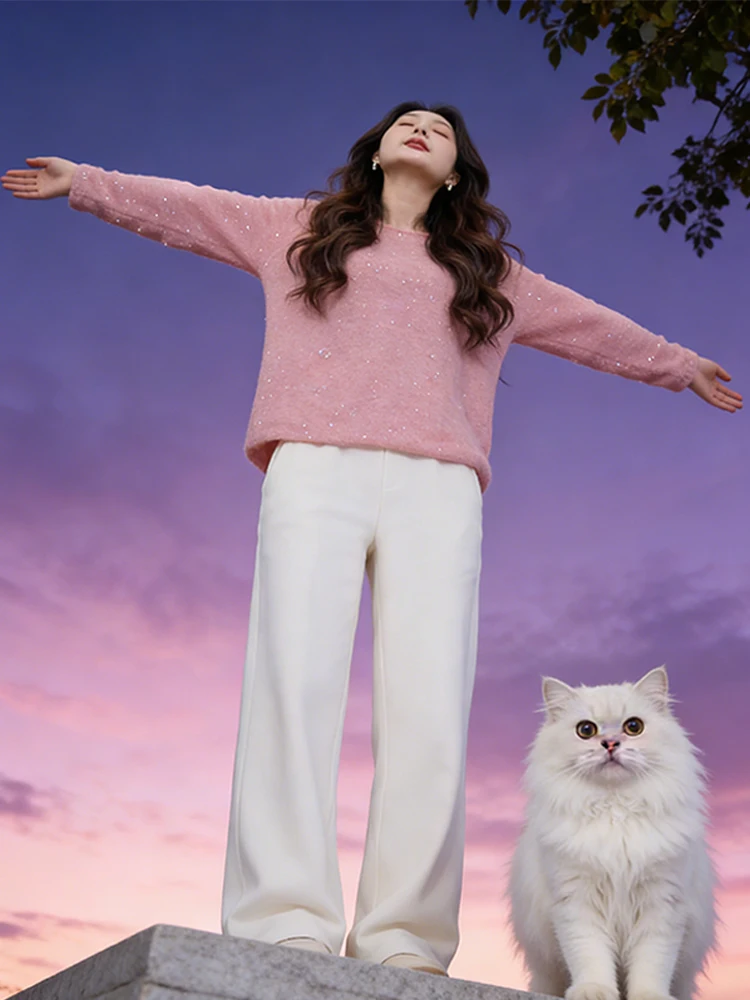 

Pink Knitted Sweater Women's Loose Long Sve Autumn Winter Casual Sle Heavy Work Large Size Comfortable Lazy Faion Top