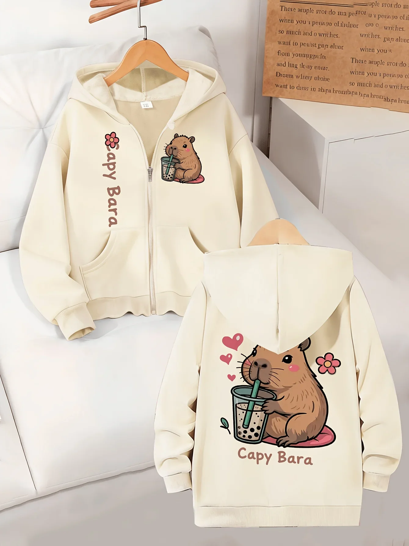 Girls' Capybara Letter-Print Hoodie – Casual, Sporty Style for Older Girls – Stylish Zip-Up Hoodie for Spring, Autumn,and Winter