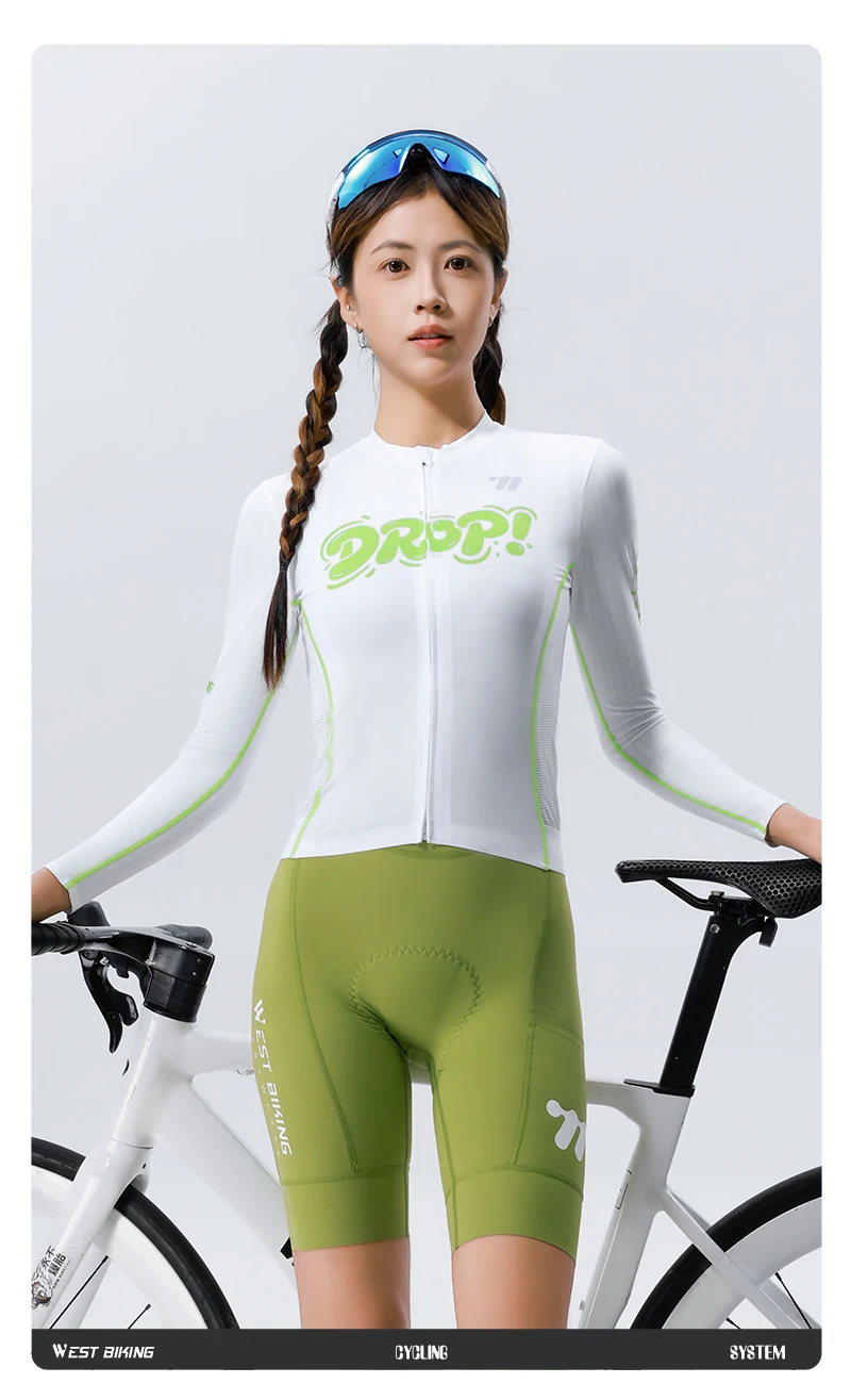 WEST BIKING Damen Fahrradtrikot Langarm Atmungsaktiv Schnelltrocknend Weiß Grün Racing Slim Fit Fahrradbekleidung Sommer-Reitoberteil – Detail 14