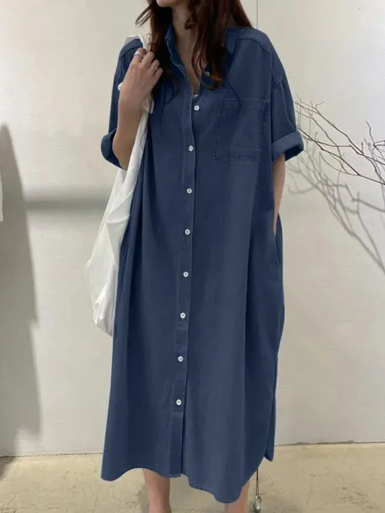 2024 Autumn Fashion Collection New Women\'s Cowboy Long Dress Loose Single Breasted Flip Collar Casual Medium Long Shirt Dress