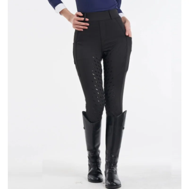 Czarne spodnie jeździeckie z pełnym silikonowym siedziskiem, odporne na mechacenie, rajstopy jeździeckie, damskie spodnie jeździeckie, odzież jeździecka