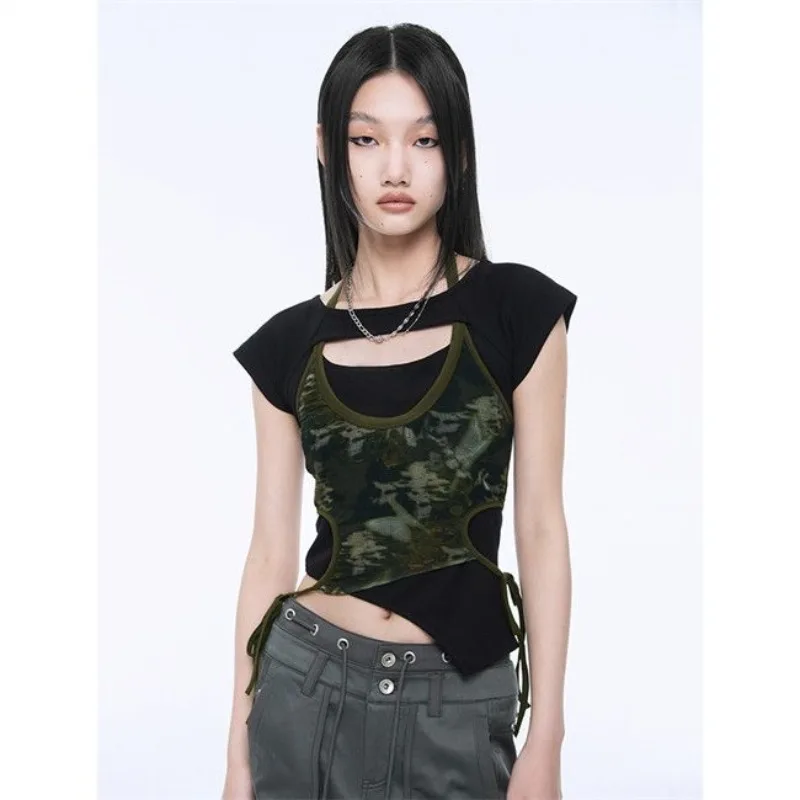 Fashion Design Lrregular Hollow Out Shirts Constrast Color Print Halter Side Lace Up Tank Tops Y2k Aesthetic Two Piece Sets