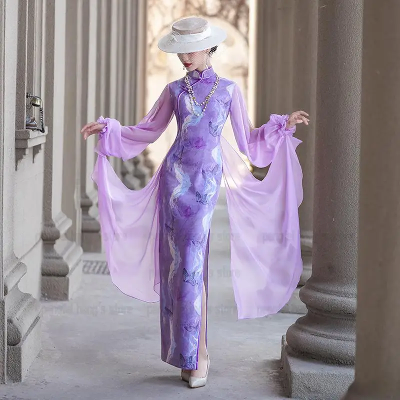 

Improved Cheongsam Mesh Sleeve Butterfly Qipao Women Elegant Stage Performance Show Costume Vestidos Chinese Dress Oversize