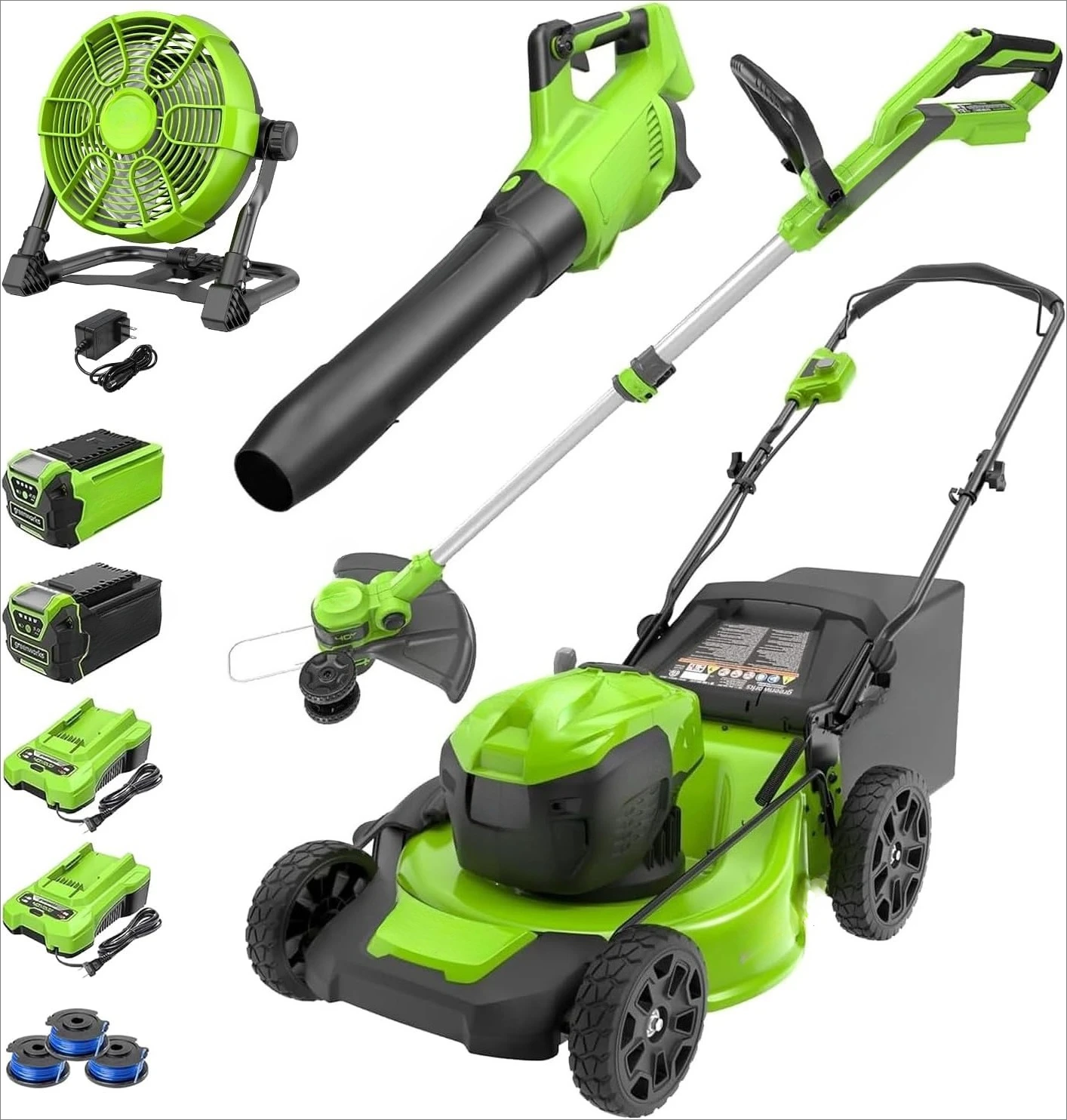 

40V 20" Cordless Push Lawn Mower Bundle with Axial Leaf Blower(500 CFM / 120 MPH), 12" String Trimmer, 10" Tablet Fan (AC/DC)