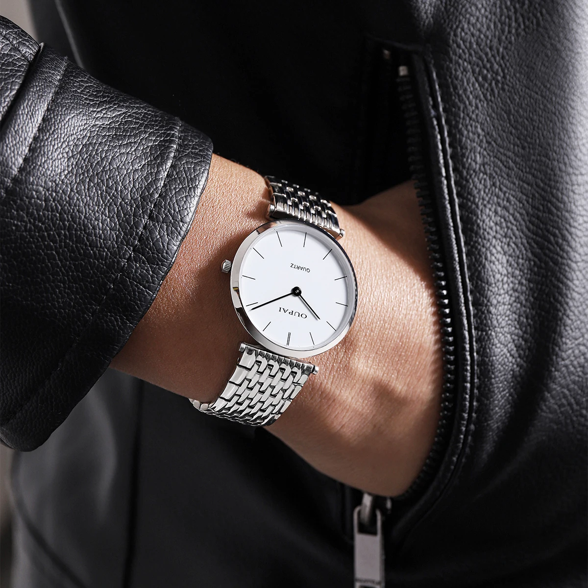 Oupai Men's Watch slivery Round Thin 6mm Thickness Dial Stainless Steel Strap Quartz Movement Daily Classic