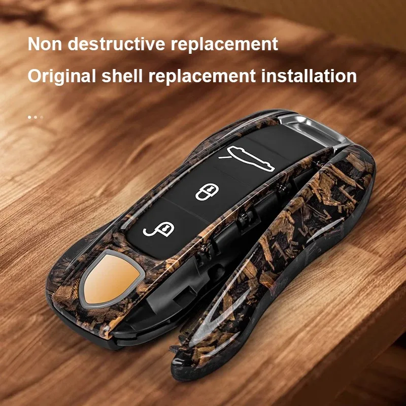 For Porsche Cayenne Panamera Macan 718 Cayman Boxster 911 Taycan Dark Walnut Wood Texture Key Case Protective Shell Fob Cover
