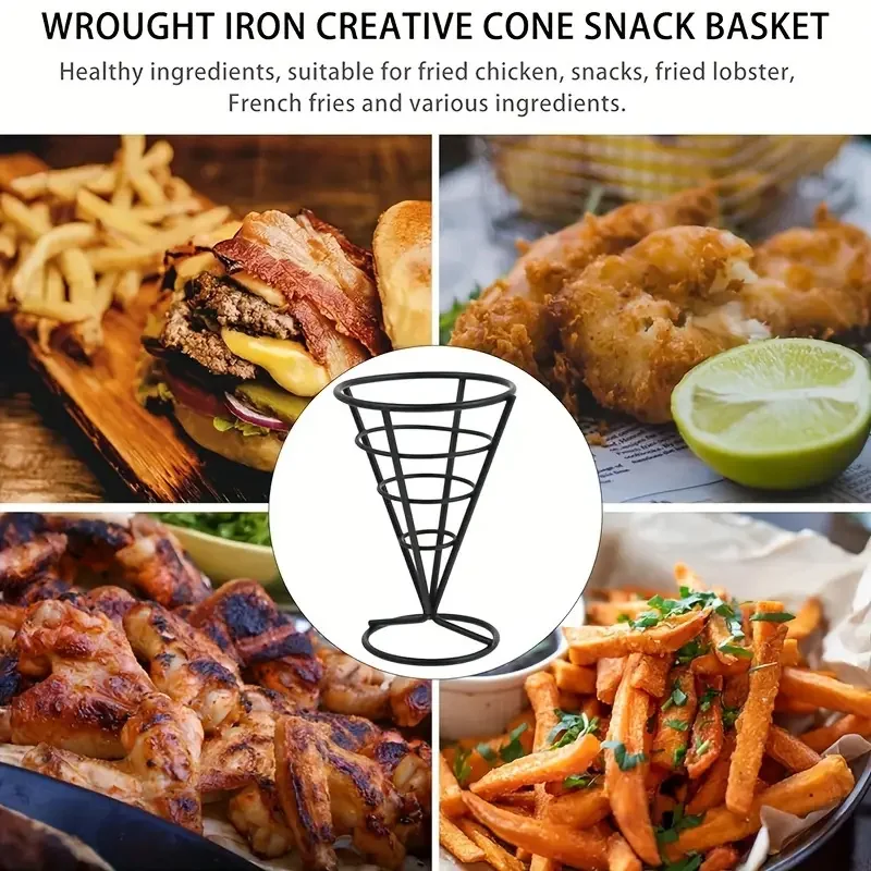 1pc Black Iron Cone-Shaped French Fry Holder, Spiral Wire Stand For Fish & Chips, Snacks, Fried Food Basket, Chip Food Spiral H