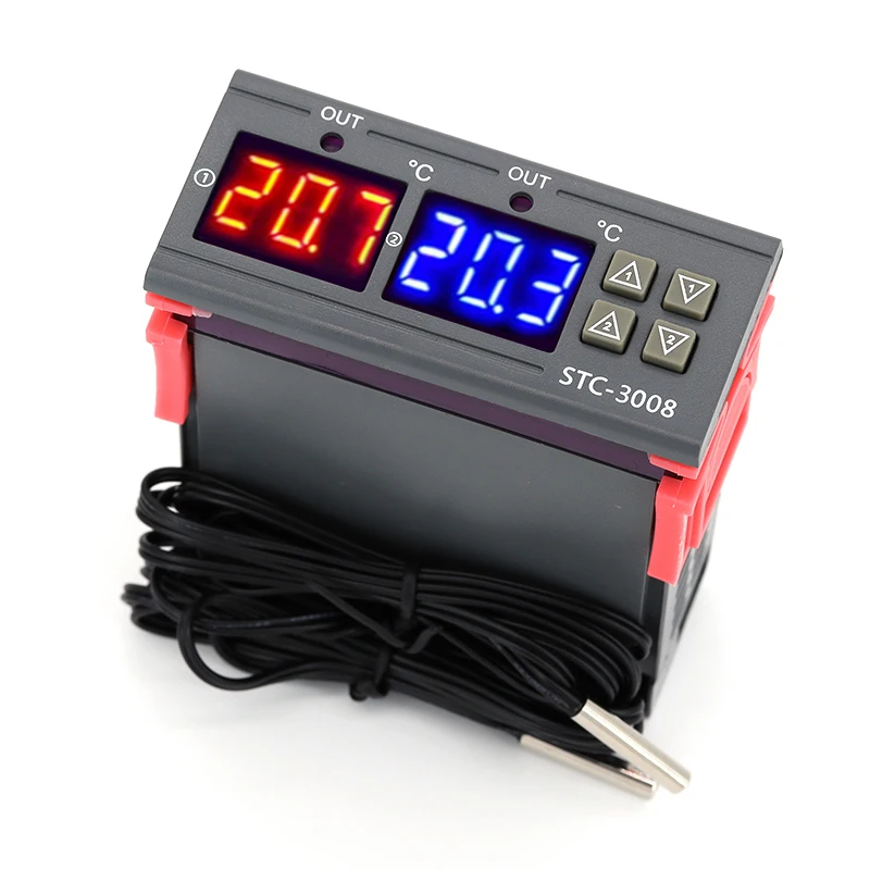 Dual Digital Temperature Controller Two Relay Output Thermostat Thermoregulator 10A Heating Cooling STC-3008 12V 24V 220V