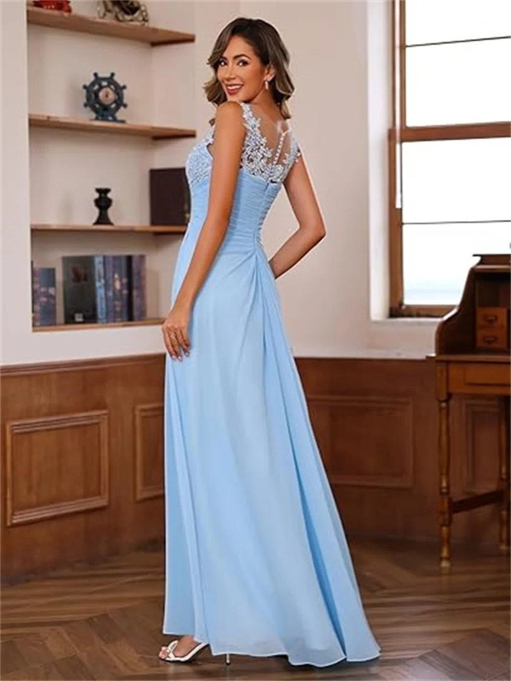 Gaun pengantin wanita, renda applique mutiara 2 potong sifon ibu dari pengantin untuk pernikahan dengan jubah A Line gaun malam Formal panjang