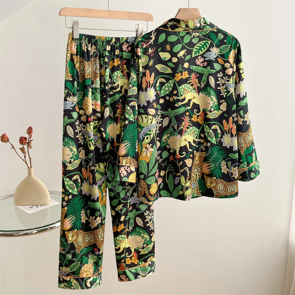 Green Jungle Tiger Pajamas Set Long Sleeve Nightwear Women Satin Home Clothing Summer New Shirt&pants 2Pcs Loungewear Outfit